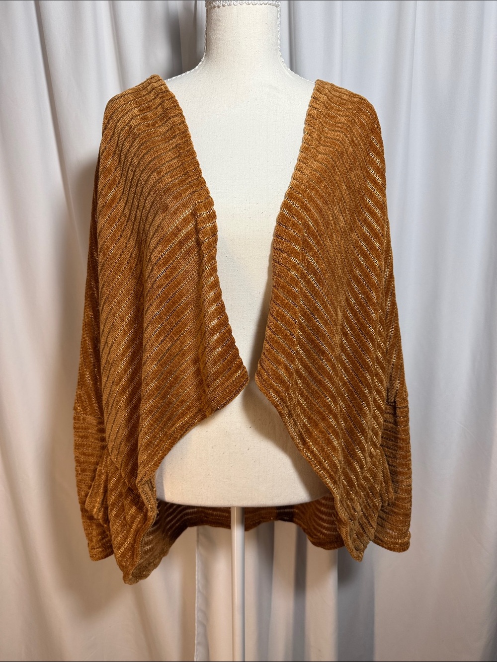 Hayden Open-Front Draped Chenille Cardigan in Rusty Orange